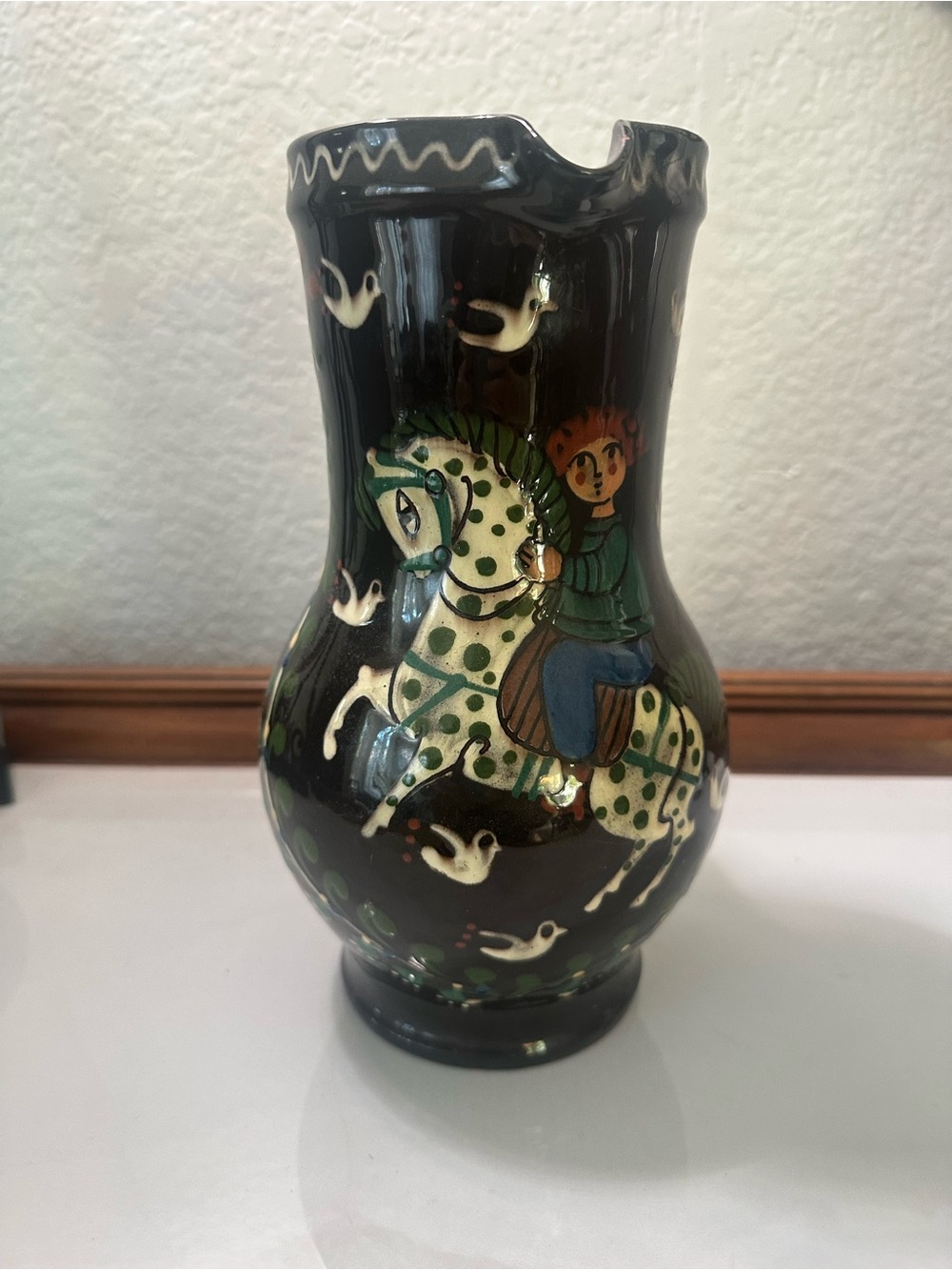 Folk art Ceramic spotted Horse & Rider jug vase Vase